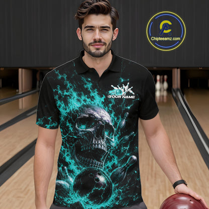 Custom Turquoise Blue Flame Skull Halloween Bowling Men Polo Shirt, Bowling Jersey IPHW11958