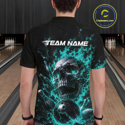 Custom Turquoise Blue Flame Skull Halloween Bowling Men Polo Shirt, Bowling Jersey IPHW11958