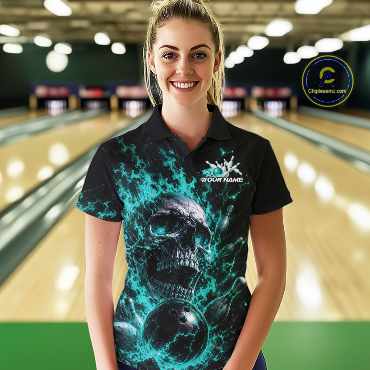 Custom Turquoise Blue Flame Skull Halloween Bowling Women Polo Shirt, Bowling Jersey IPHW11958