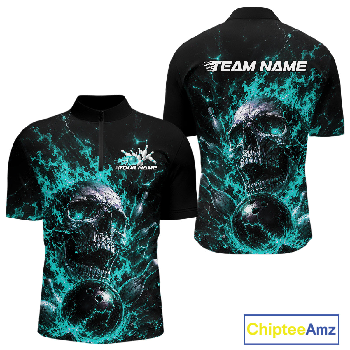 Custom Turquoise Blue Flame Skull Halloween Bowling Men Quarter Zip Shirt, Bowling Jersey IPHW11958