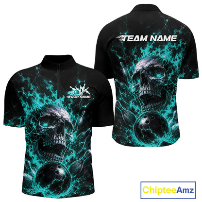 Custom Turquoise Blue Flame Skull Halloween Bowling Men Quarter Zip Shirt, Bowling Jersey IPHW11958