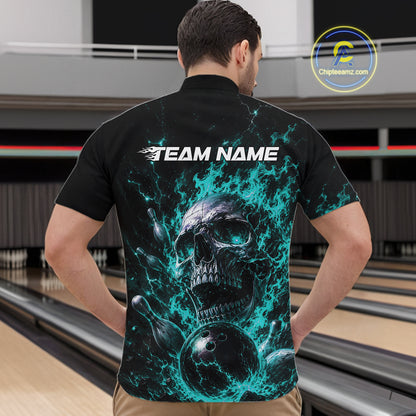Custom Turquoise Blue Flame Skull Halloween Bowling Men Quarter Zip Shirt, Bowling Jersey IPHW11958