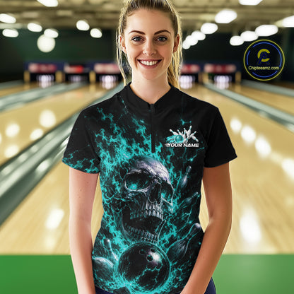 Custom Turquoise Blue Flame Skull Halloween Bowling Women Quarter-Zip Shirt IPHW11958