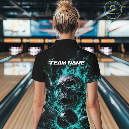 Custom Turquoise Blue Flame Skull Halloween Bowling Women Quarter-Zip Shirt IPHW11958
