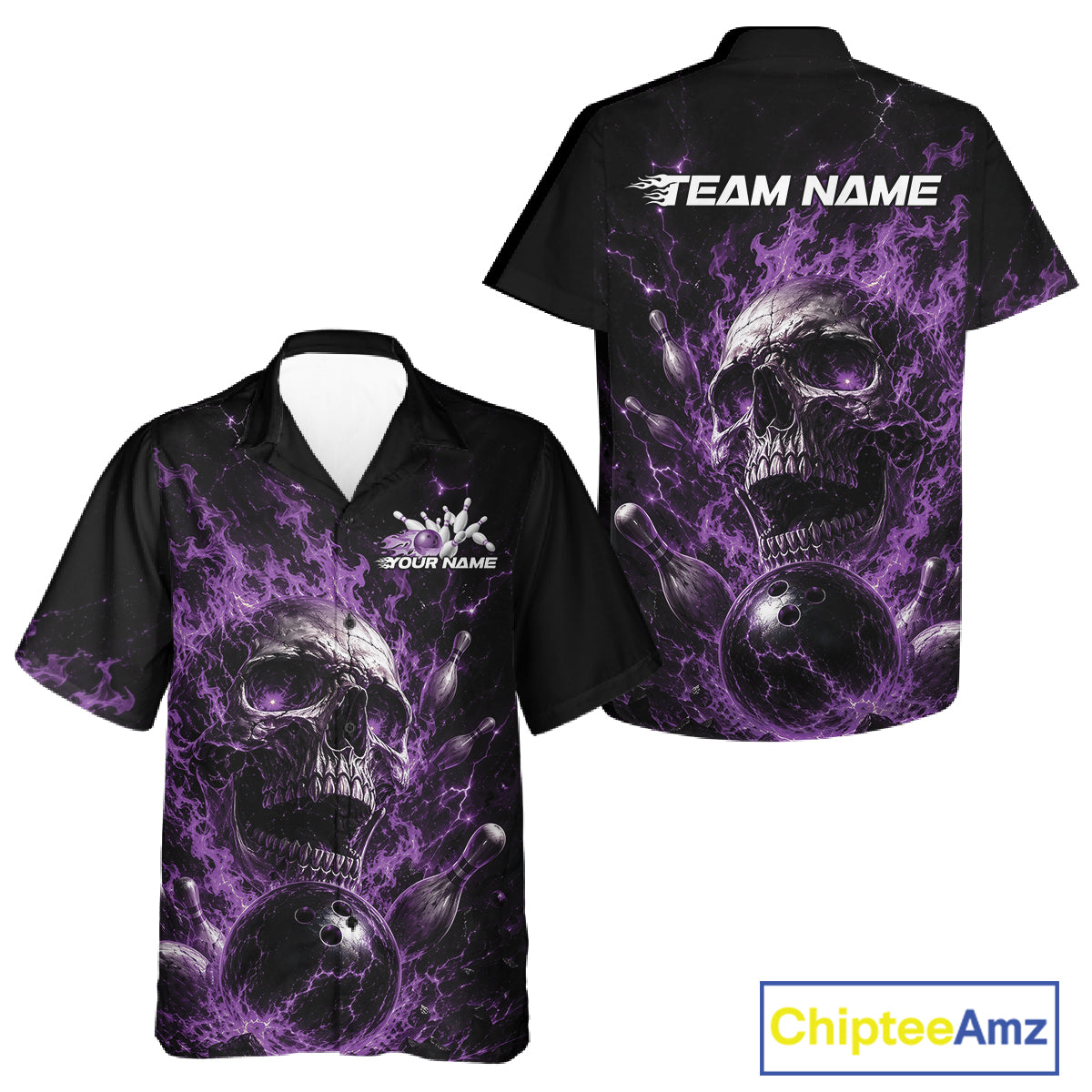 Custom Purple Flame Skull Halloween Bowling Men And Women Button Up Shirt, Bowling Jersey IPHW11959