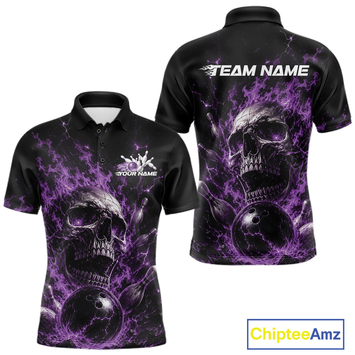 Custom Purple Flame Skull Halloween Bowling Men Polo Shirt, Bowling Jersey IPHW11959