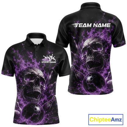 Custom Purple Flame Skull Halloween Bowling Men Polo Shirt, Bowling Jersey IPHW11959