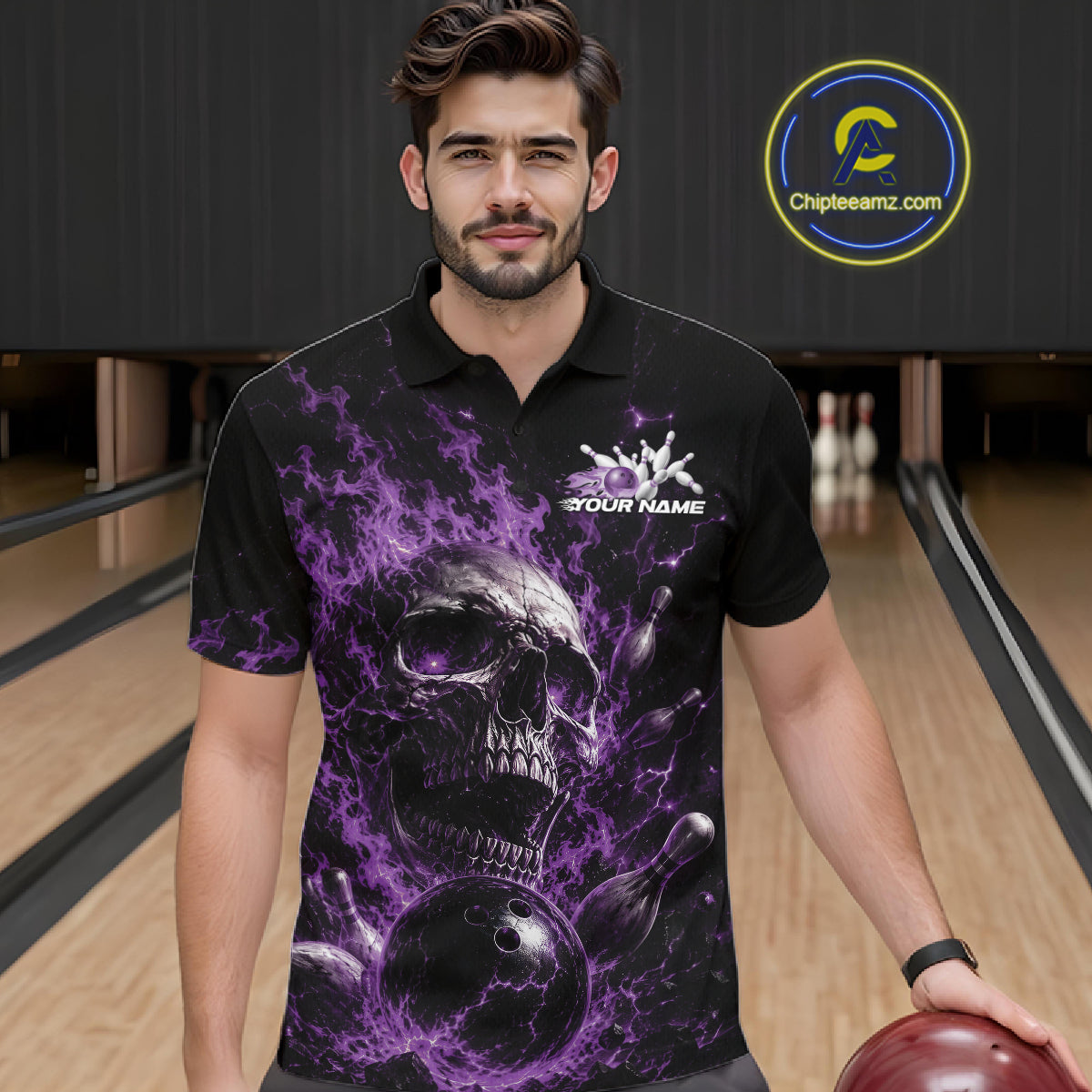 Custom Purple Flame Skull Halloween Bowling Men Polo Shirt, Bowling Jersey IPHW11959