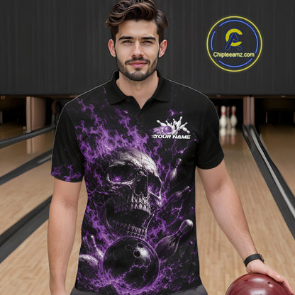 Custom Purple Flame Skull Halloween Bowling Men Polo Shirt, Bowling Jersey IPHW11959