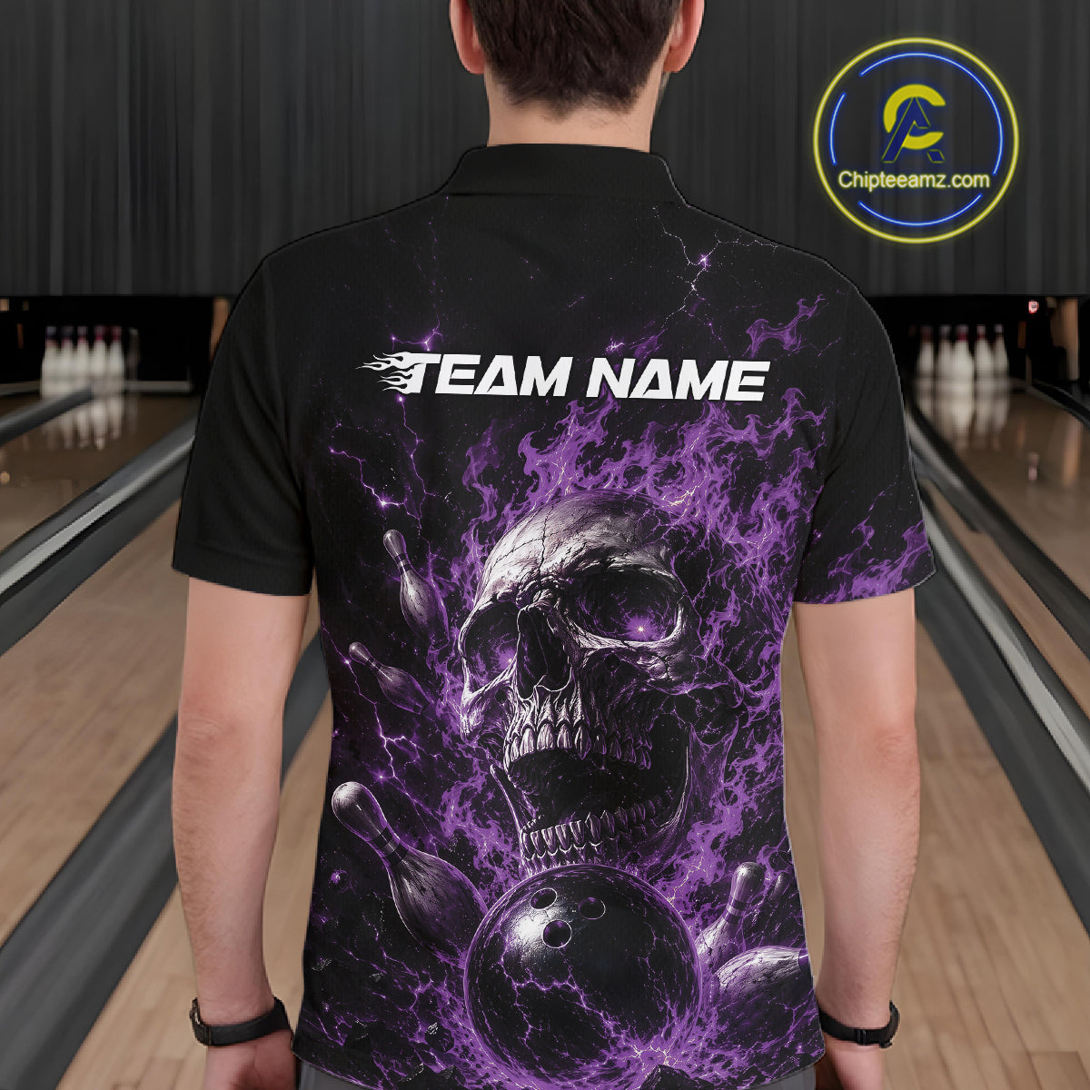 Custom Purple Flame Skull Halloween Bowling Men Polo Shirt, Bowling Jersey IPHW11959