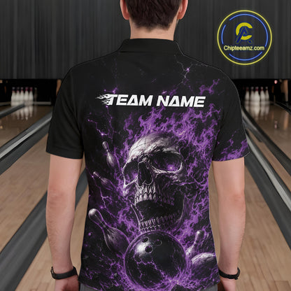 Custom Purple Flame Skull Halloween Bowling Men Polo Shirt, Bowling Jersey IPHW11959