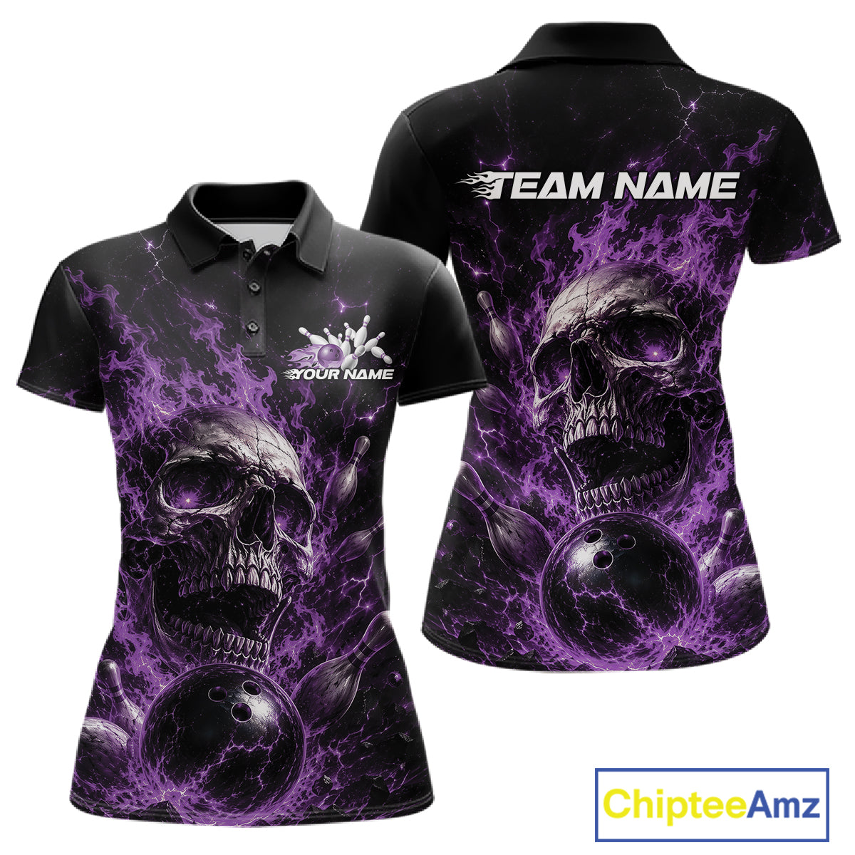 Custom Purple Flame Skull Halloween Bowling Women Polo Shirt, Bowling Jersey IPHW11959