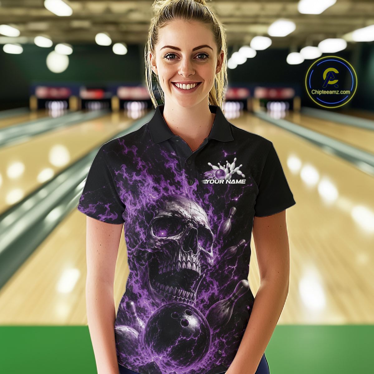 Custom Purple Flame Skull Halloween Bowling Women Polo Shirt, Bowling Jersey IPHW11959