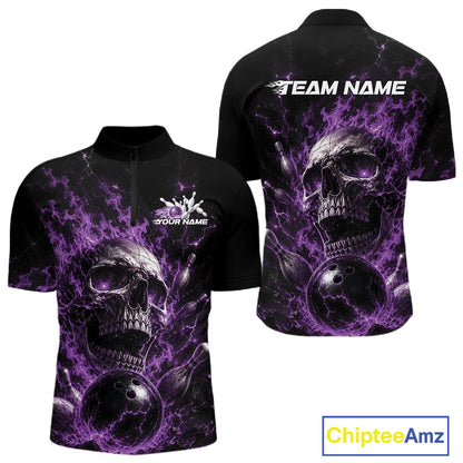 Custom Purple Flame Skull Halloween Bowling Men Quarter Zip Shirt, Bowling Jersey IPHW11959