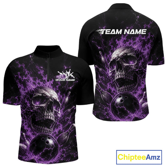 Custom Purple Flame Skull Halloween Bowling Men Quarter Zip Shirt, Bowling Jersey IPHW11959