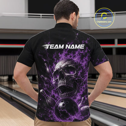 Custom Purple Flame Skull Halloween Bowling Men Quarter Zip Shirt, Bowling Jersey IPHW11959