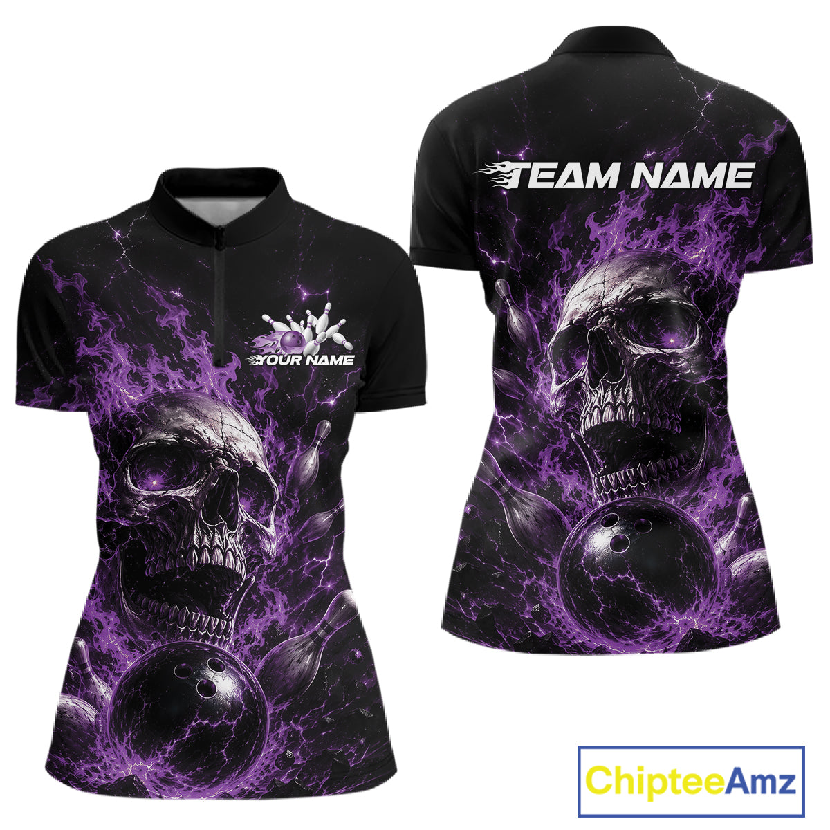 Custom Purple Flame Skull Halloween Bowling Women Quarter-Zip Shirt, Bowling Jersey IPHW11959