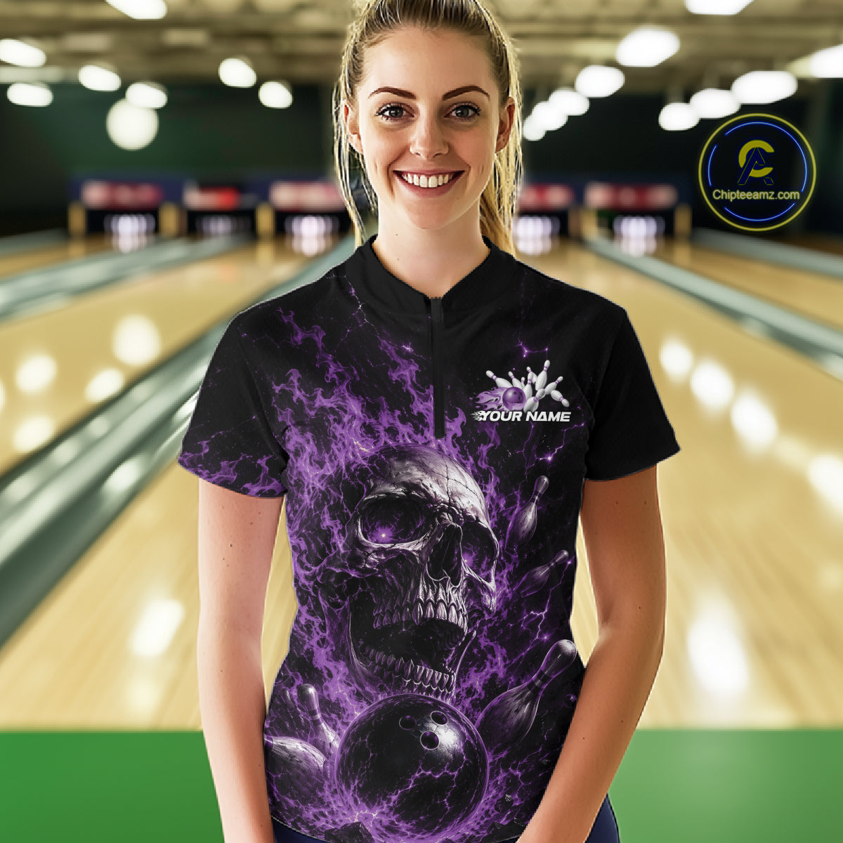 Custom Purple Flame Skull Halloween Bowling Women Quarter-Zip Shirt, Bowling Jersey IPHW11959