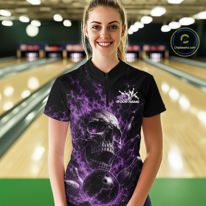 Custom Purple Flame Skull Halloween Bowling Women Quarter-Zip Shirt, Bowling Jersey IPHW11959
