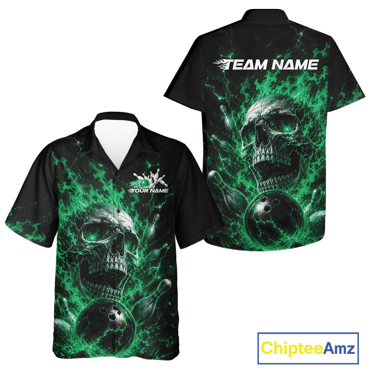 Custom Green Flame Skull Halloween Bowling Men And Women Button Up Shirt, Bowling Jersey IPHW11960