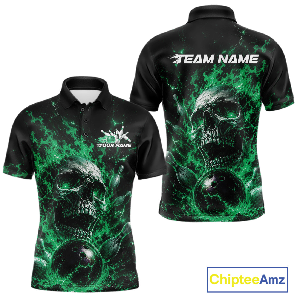 Custom Green Flame Skull Halloween Bowling Men Polo Shirt, Bowling Jersey IPHW11960