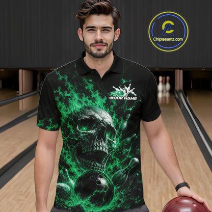 Custom Green Flame Skull Halloween Bowling Men Polo Shirt, Bowling Jersey IPHW11960