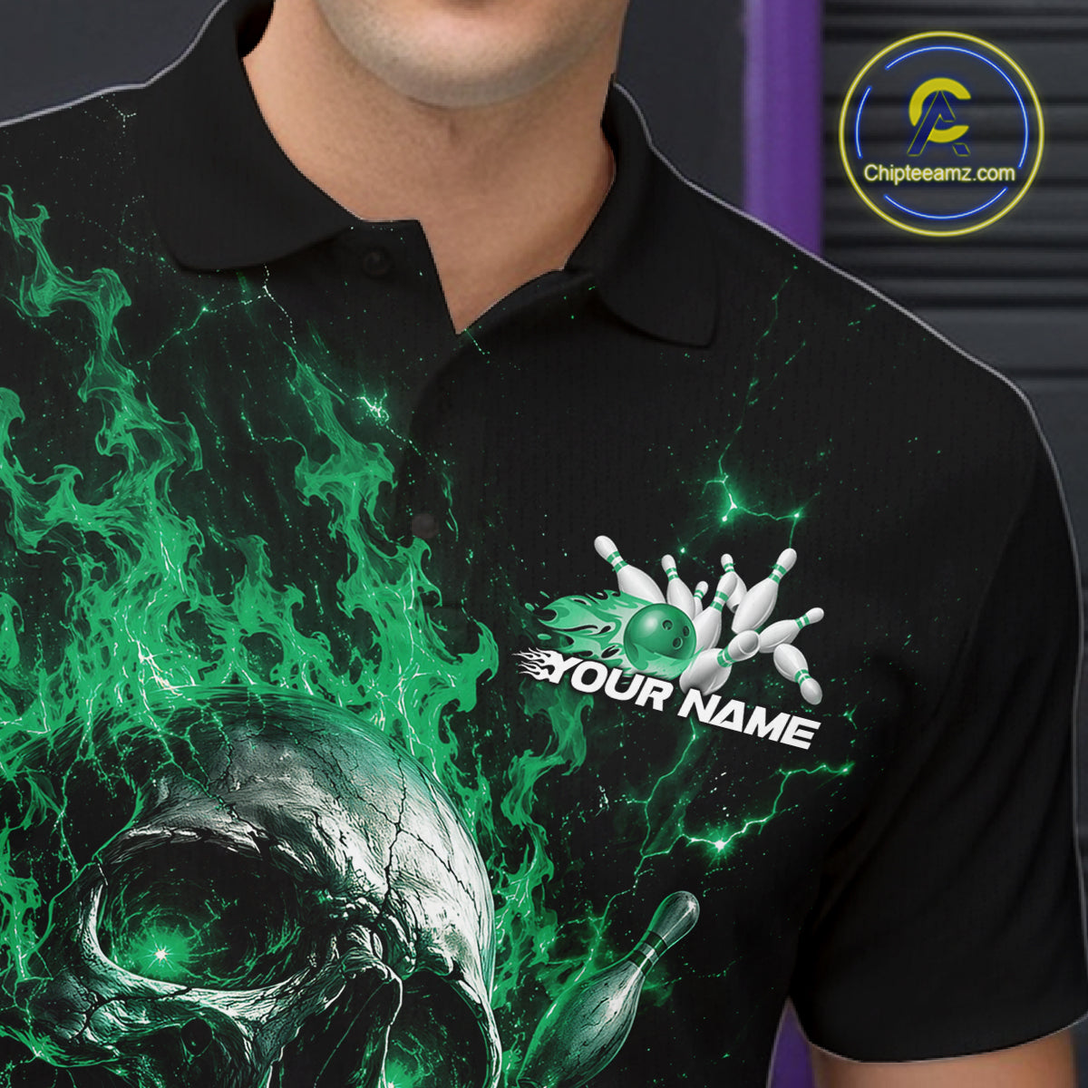 Custom Green Flame Skull Halloween Bowling Men Polo Shirt, Bowling Jersey IPHW11960