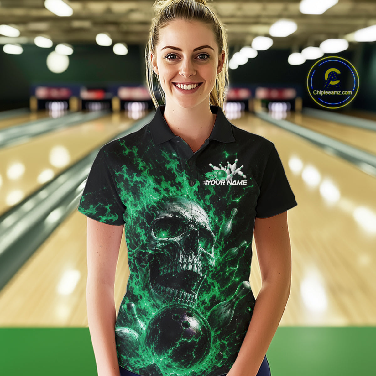 Custom Green Flame Skull Halloween Bowling Women Polo Shirt, Bowling Jersey IPHW11960