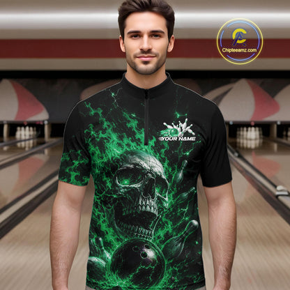 Custom Green Flame Skull Halloween Bowling Men Quarter Zip Shirt, Bowling Jersey IPHW11960