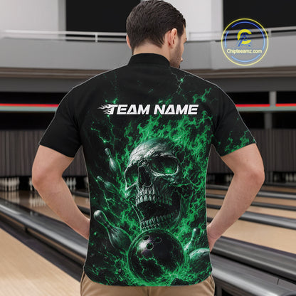 Custom Green Flame Skull Halloween Bowling Men Quarter Zip Shirt, Bowling Jersey IPHW11960