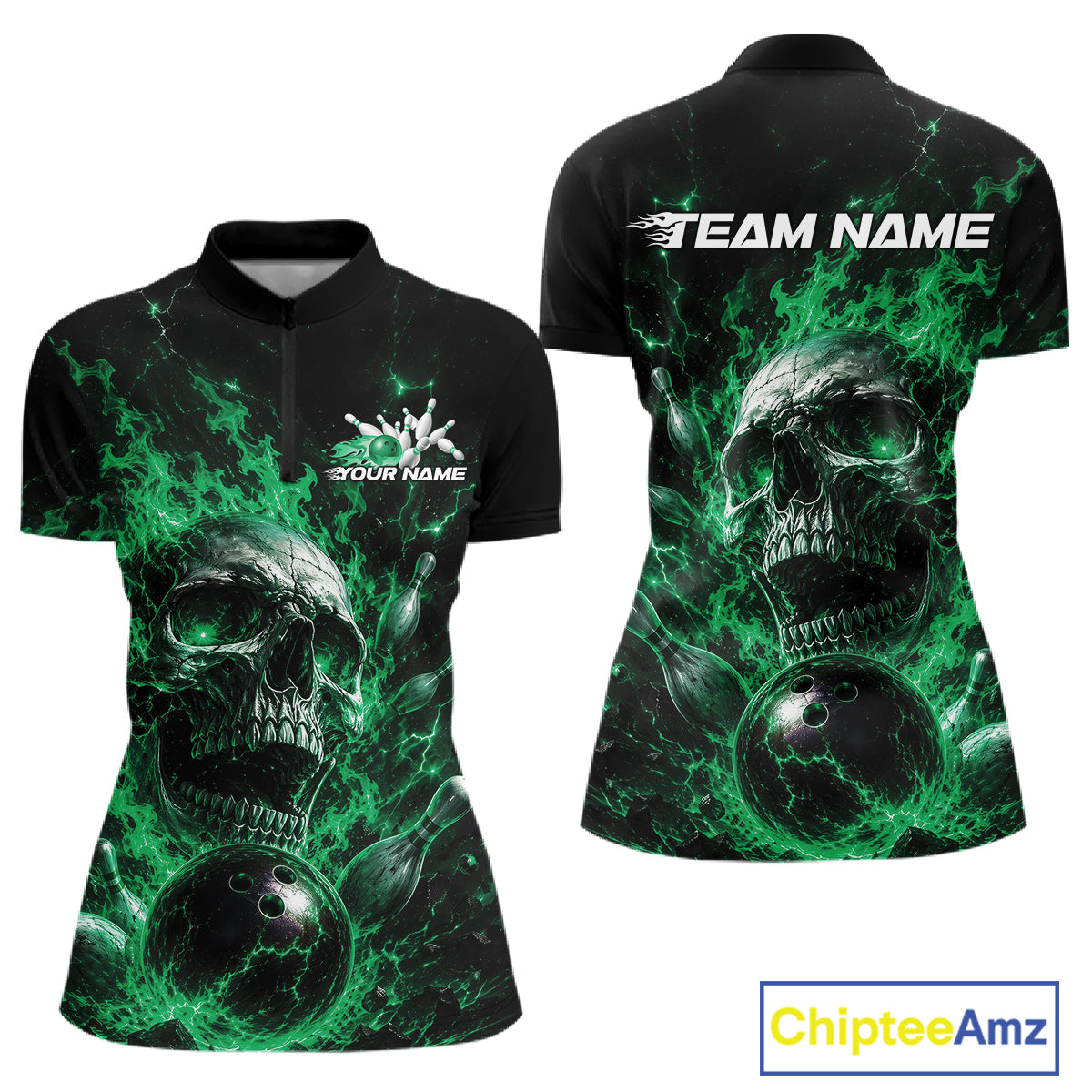 Custom Green Flame Skull Halloween Bowling Women Quarter-Zip Shirt, Bowling Jersey IPHW11960