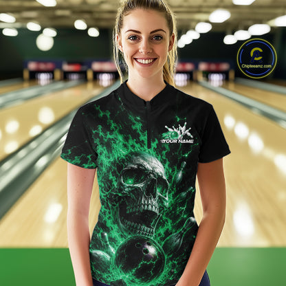 Custom Green Flame Skull Halloween Bowling Women Quarter-Zip Shirt, Bowling Jersey IPHW11960