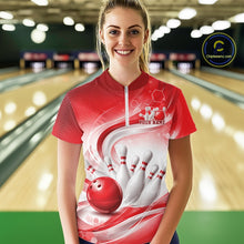 Load image into Gallery viewer, Custom Red Halftone Dots Hexagon Bowling Team Jerseys, Women Quarter-Zip Bowling Shirt IPHW11375