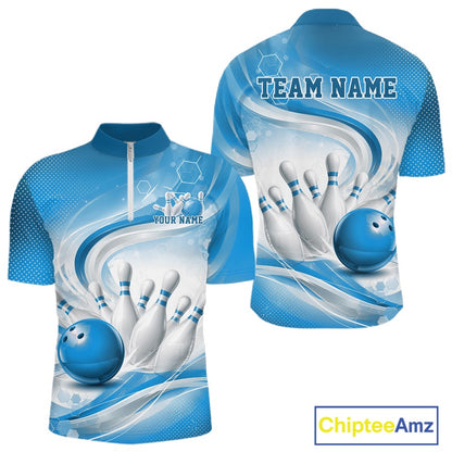 Front and back mockup of a mens white and blue bowling quarter-zip pullover featuring abstract wave lines and a glossy bowling ball striking pins.
