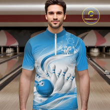 Load image into Gallery viewer, Custom Blue Halftone Dots Hexagon Bowling Team Jerseys, Men Quarter-Zip Bowling Shirt IPHW11376