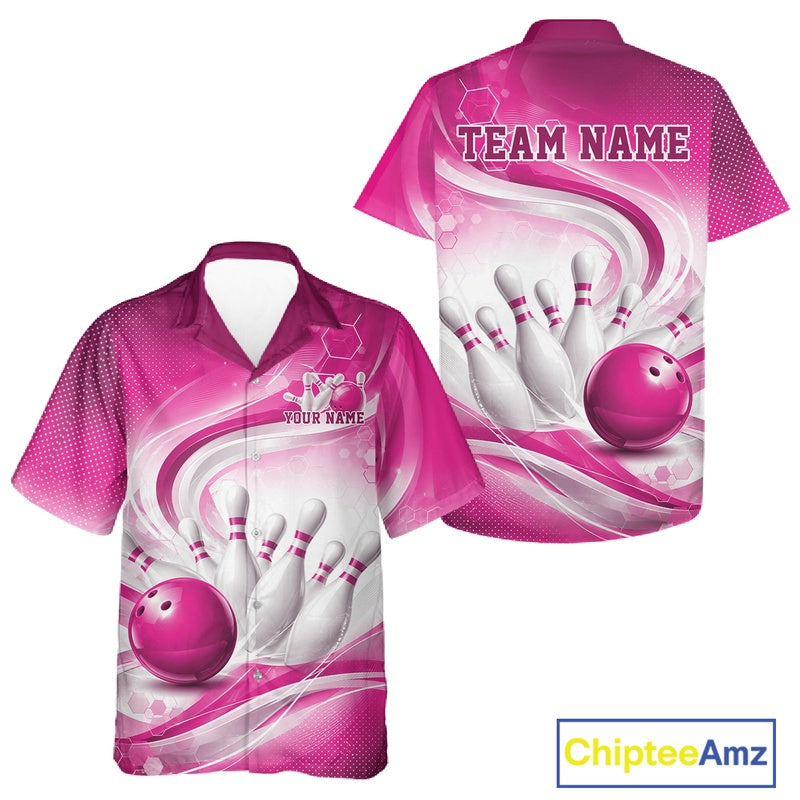 Front and back view of a white and pink button-up bowling shirt featuring flowing abstract wave patterns and a glossy bowling ball striking a set of pins