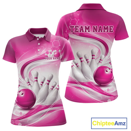 Front and back mockup of a womens white and pink polo shirt featuring abstract wave lines and a glossy bowling ball striking pins.