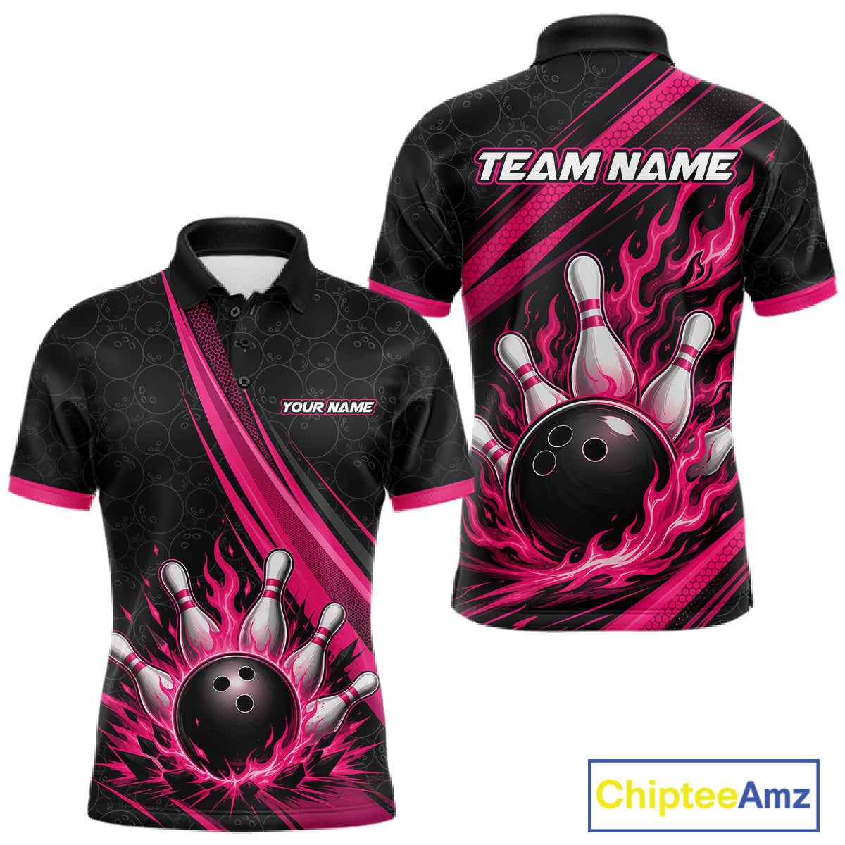 Custom short-sleeve polo shirt shown from the front and back, featuring a black and pink bowling theme with a bowling ball and pins, flame graphics, and customizable text placeholders.