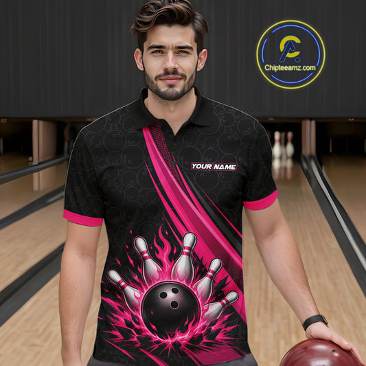 Custom Black And Pink Fire Flame Bowling Team Men Polo Shirt, Team Jerseys IPHW11681