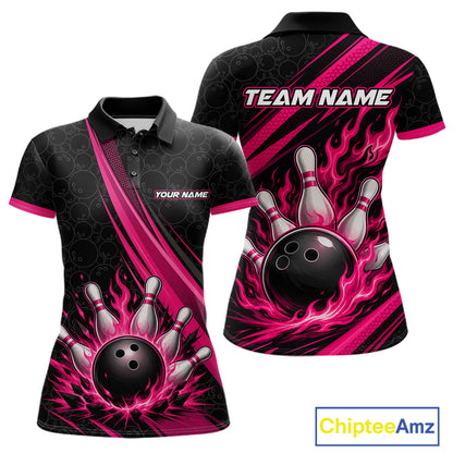 Custom bowling womens short-sleeve polo shirt shown from both front and back views. The shirt features a black base with vibrant hot pink flame-like stripes, a graphic of a black bowling ball and white bowling pins, and customizable text placeholders 'TEAM NAME' and 'YOUR NAME'.