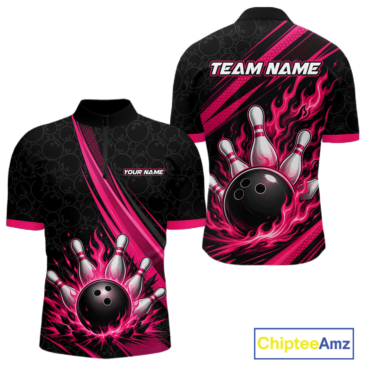 Black short-sleeve quarter zip bowling shirt shown from front and back on a white background, with bright pink flame-like graphics, bowling ball and pins artwork, and customizable text placeholders 'YOUR NAME' and 'TEAM NAME'.