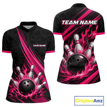Front and back views of a women's short-sleeve bowling-themed quarter zip shirt. The shirt features a black base with vibrant hot pink flame and streak graphics, a graphic of a bowling ball and pins, and customizable text placeholders 'TEAM NAME' and 'YOUR NAME'.