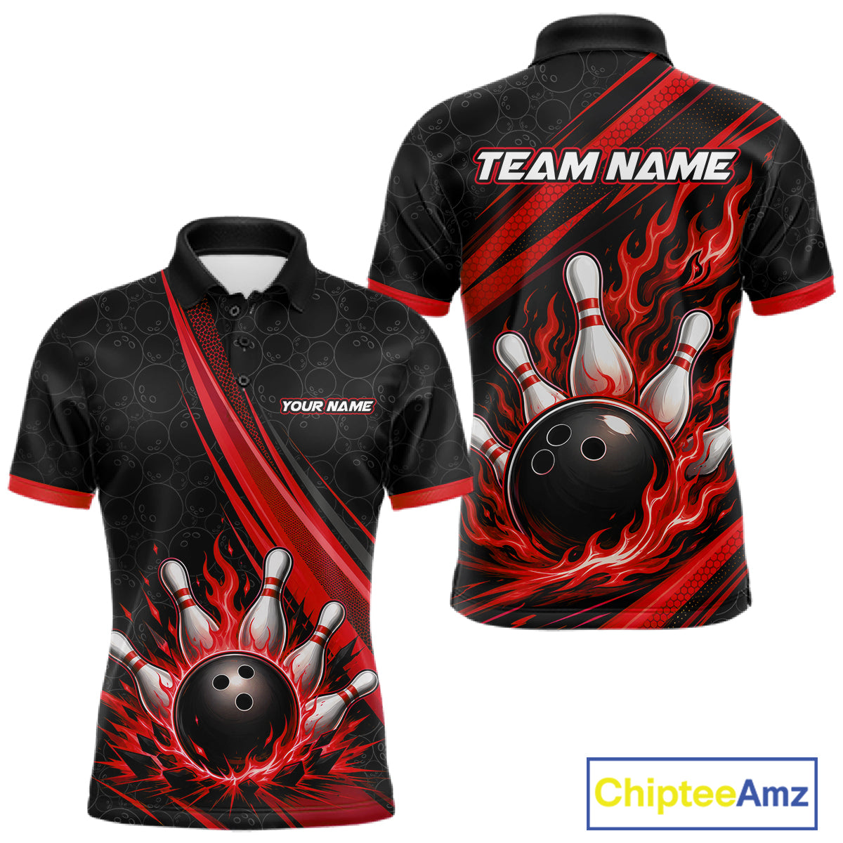 Custom short-sleeve bowling-themed polo shirt shown from the front and back on a white background. The design features a black base with red flame-like graphics, a bowling ball, bowling pins