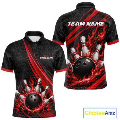 Custom short-sleeve bowling-themed polo shirt shown from the front and back on a white background. The design features a black base with red flame-like graphics, a bowling ball, bowling pins