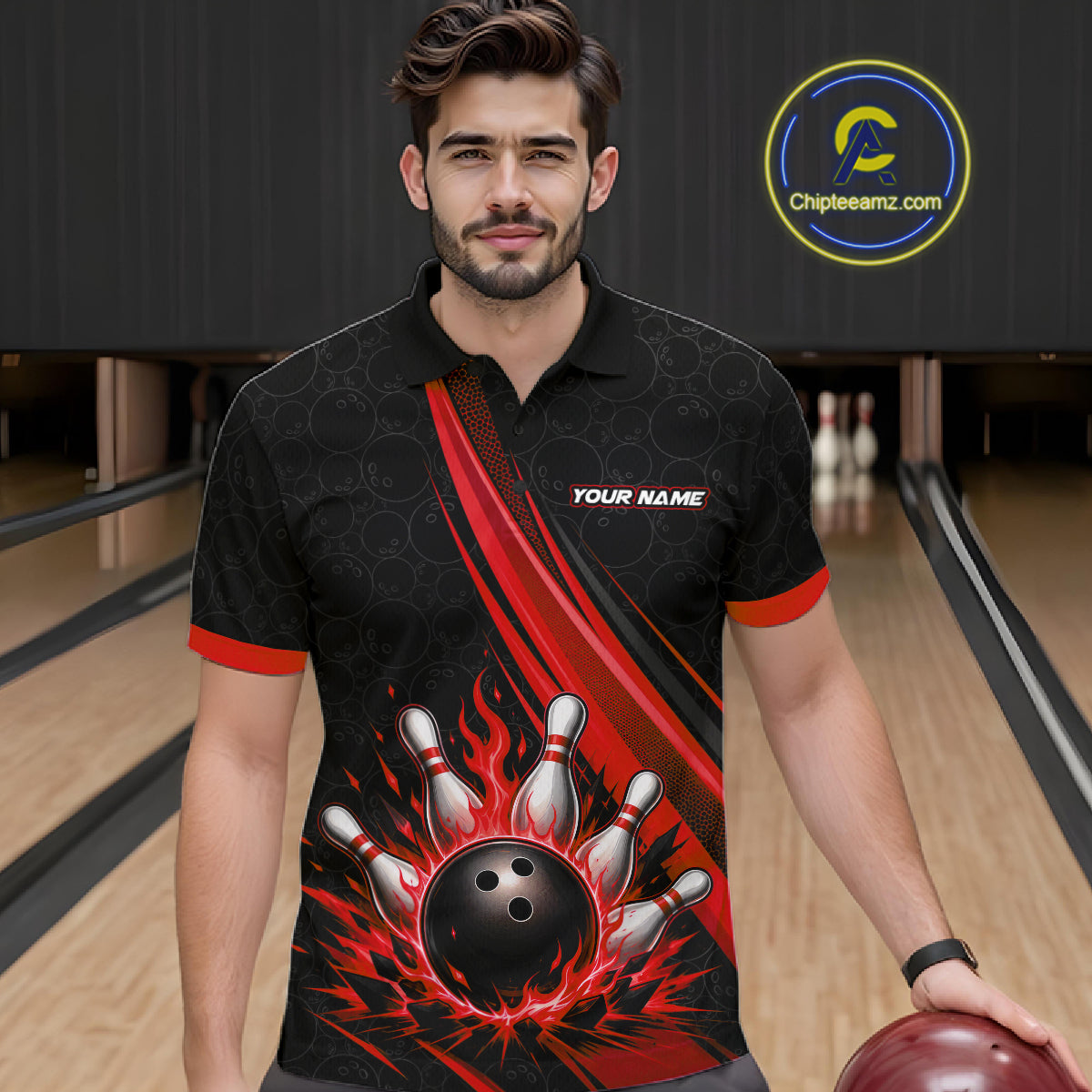 A man wearing a black short-sleeve bowling polo shirt with red and white flame graphics, bowling pins, and a black bowling ball design. 