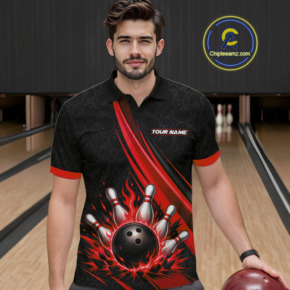 A man wearing a black short-sleeve bowling polo shirt with red and white flame graphics, bowling pins, and a black bowling ball design. 