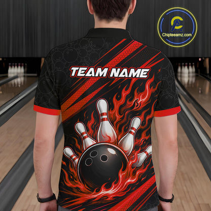 A person viewed from behind wearing a black bowling-themed short-sleeve shirt with red and orange flame graphics, a black bowling ball and white pins print on the back, and 'TEAM NAME' text across the upper back. 