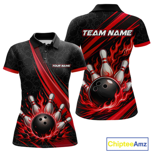 Custom Black And Red Fire Flame Bowling Team Women Polo Shirt, Team Jerseys IPHW11682