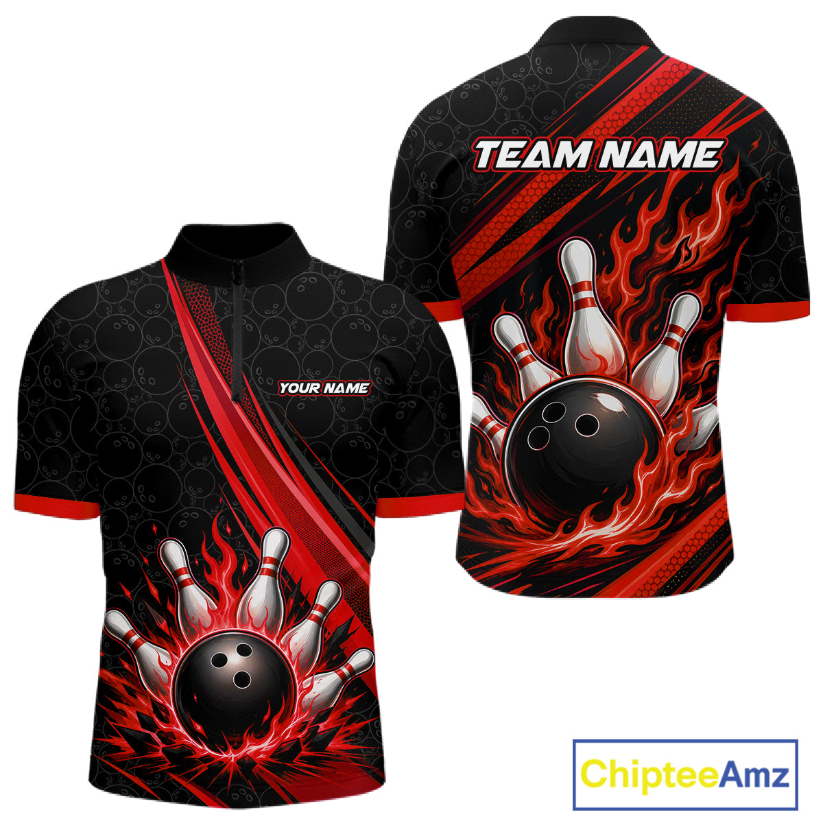 A custom short-sleeve bowlingquarter zip shirt shown from both front and back views. The shirt features a black base with red flame-like graphic stripes, a 3D-effect bowling ball and pins design, and customizable text placeholders 'YOUR NAME' and 'TEAM NAME'.