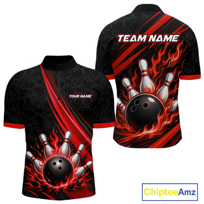 A custom short-sleeve bowlingquarter zip shirt shown from both front and back views. The shirt features a black base with red flame-like graphic stripes, a 3D-effect bowling ball and pins design, and customizable text placeholders 'YOUR NAME' and 'TEAM NAME'.